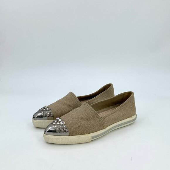 Miu Miu Brown Pointed Toe Rhinestone-Embellished Flat Loafers - Picture 1 of 8
